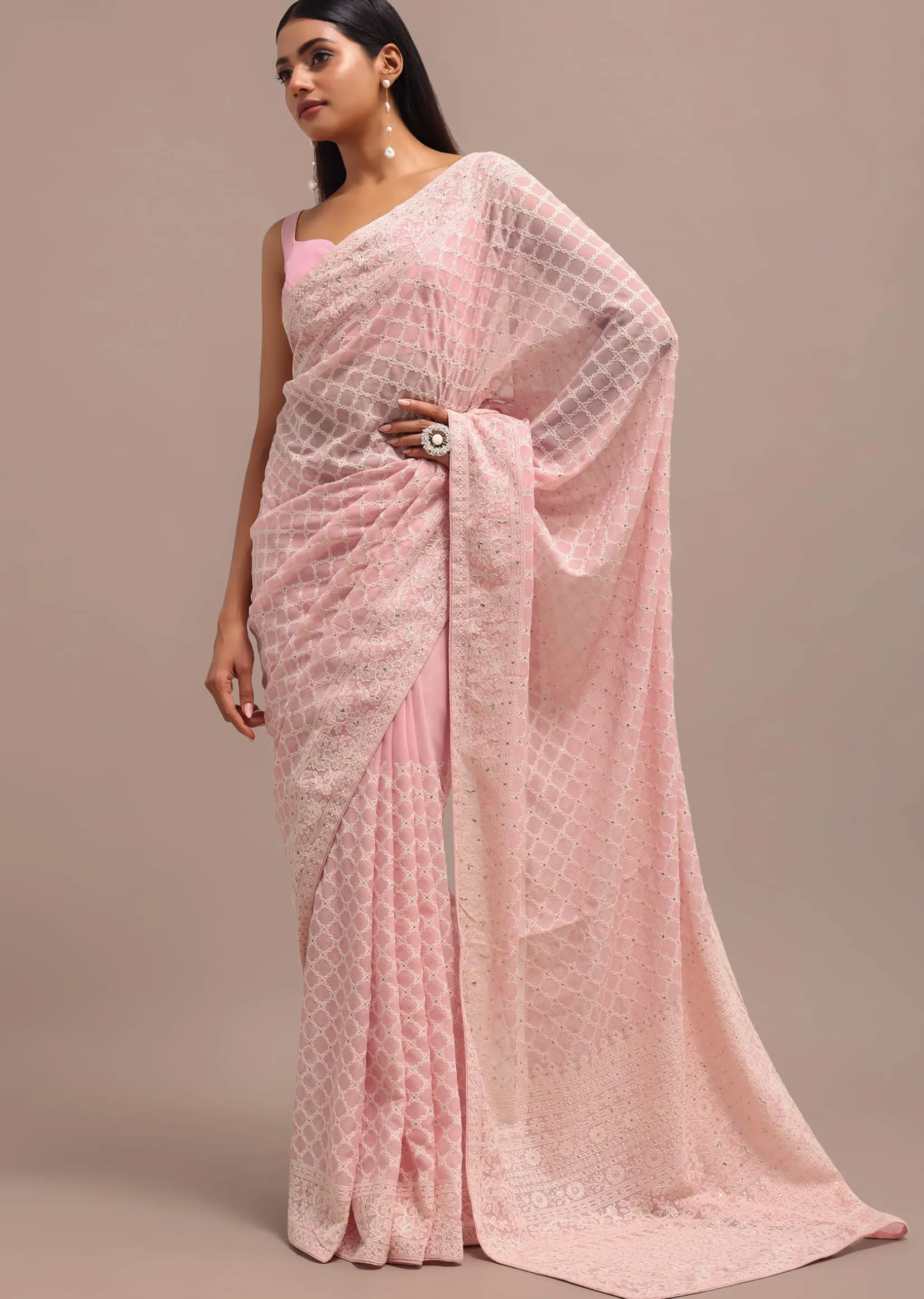 Light Pink Georgette Chikankari Jaal Work Saree With Unstitched Blouse
