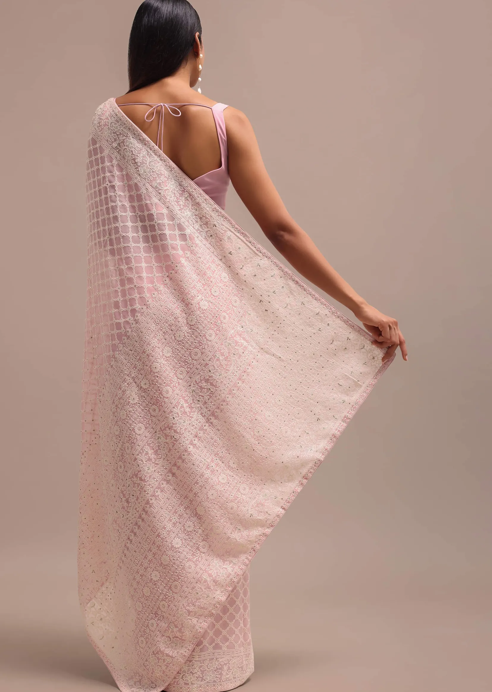 Light Pink Georgette Chikankari Jaal Work Saree With Unstitched Blouse