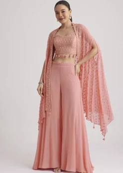 Light Pink Georgette Palazzo Set With Embroidered Cape