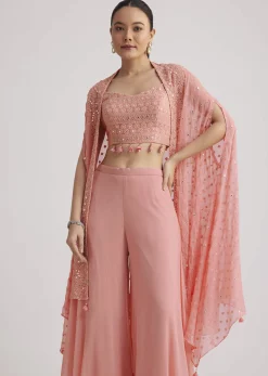 Light Pink Georgette Palazzo Set With Embroidered Cape
