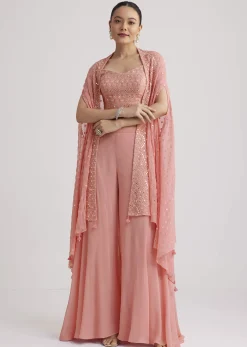 Light Pink Georgette Palazzo Set With Embroidered Cape