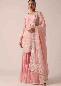 Light Pink Kurta Sharara Set In Chanderi Silk