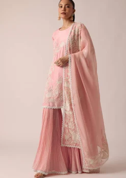 Light Pink Kurta Sharara Set In Chanderi Silk