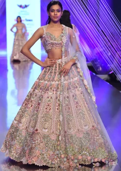 Light Pink Lehenga Set With A Choli In Moti Embroidery, Crop Top Comes In Half Sleeves With Cut Work
