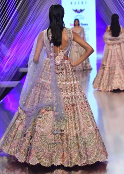 Light Pink Lehenga Set With A Choli In Moti Embroidery, Crop Top Comes In Half Sleeves With Cut Work