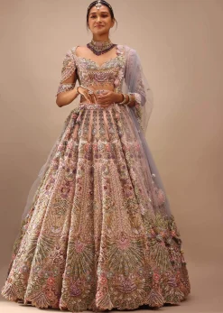 Light Pink Lehenga Set With A Choli In Moti Embroidery, Crop Top Comes In Half Sleeves With Cut Work