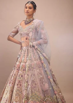 Light Pink Lehenga Set With A Choli In Moti Embroidery, Crop Top Comes In Half Sleeves With Cut Work