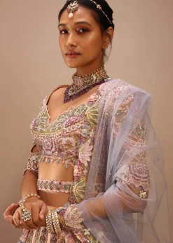 Light Pink Lehenga Set With A Choli In Moti Embroidery, Crop Top Comes In Half Sleeves With Cut Work