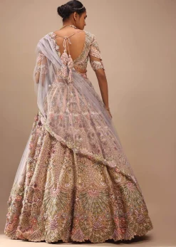 Light Pink Lehenga Set With A Choli In Moti Embroidery, Crop Top Comes In Half Sleeves With Cut Work