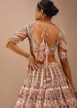 Light Pink Lehenga Set With A Choli In Moti Embroidery, Crop Top Comes In Half Sleeves With Cut Work