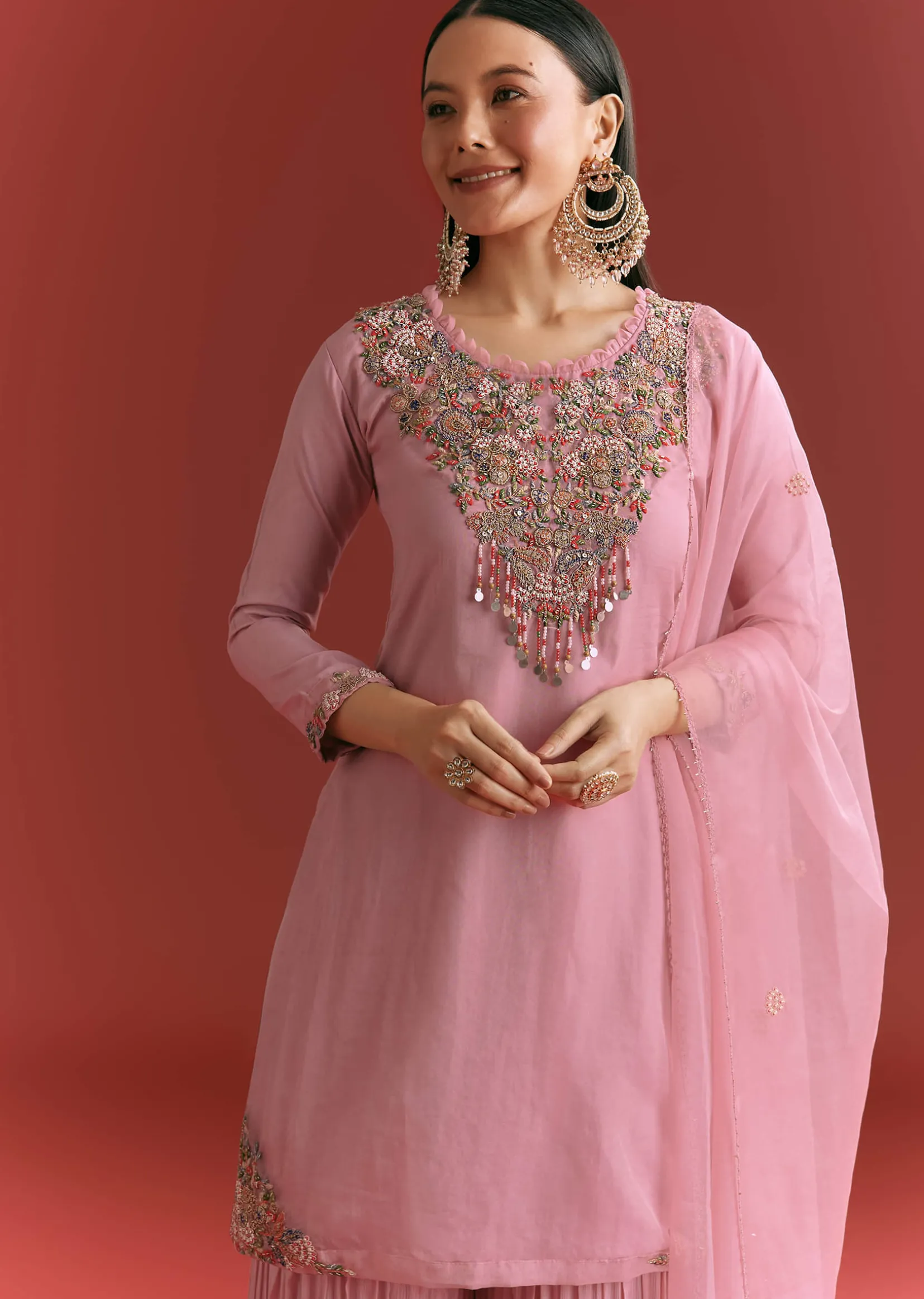 Light Pink Organza Kurta Sharara Suit With Embroidery