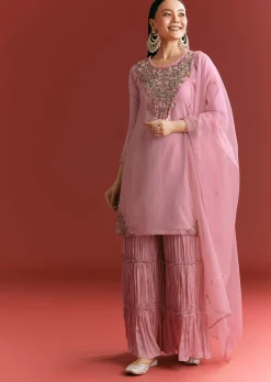 Light Pink Organza Kurta Sharara Suit With Embroidery