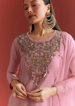 Light Pink Organza Kurta Sharara Suit With Embroidery