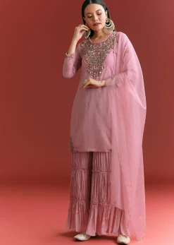 Light Pink Organza Kurta Sharara Suit With Embroidery