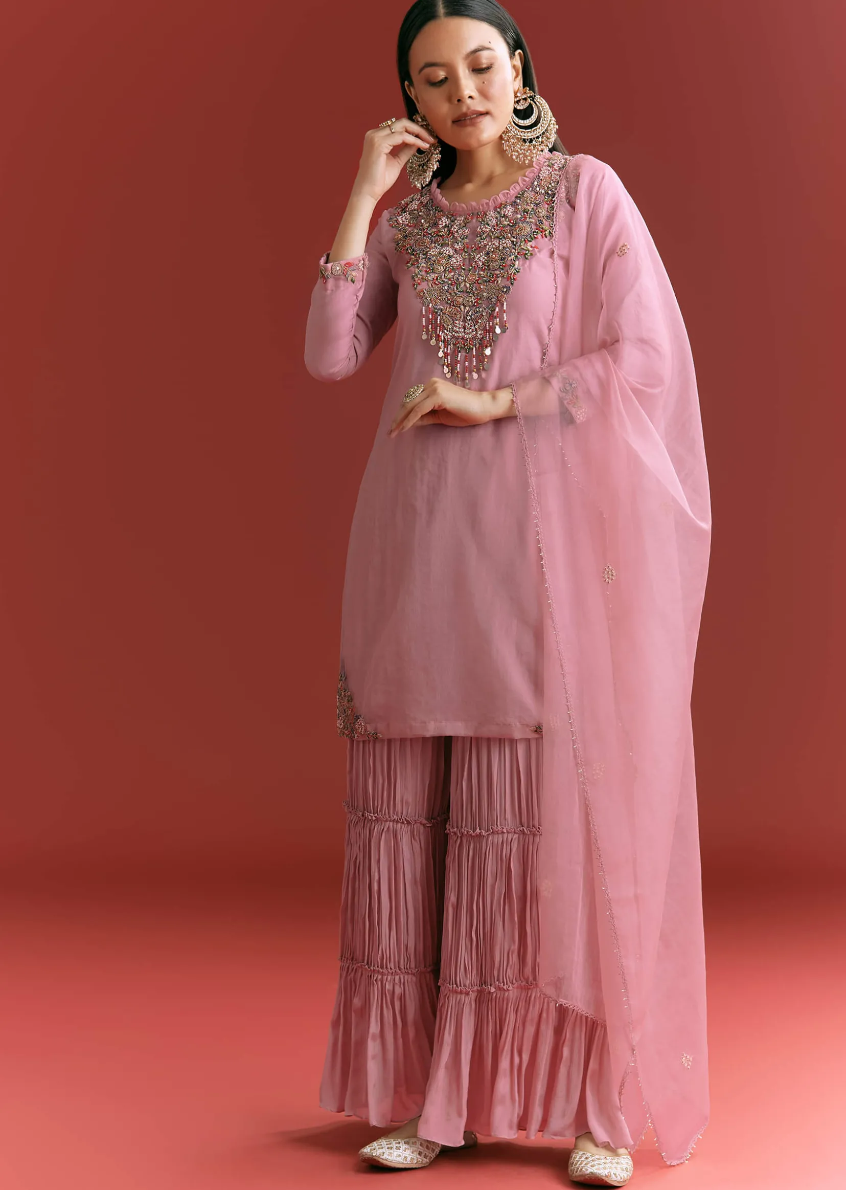 Light Pink Organza Kurta Sharara Suit With Embroidery