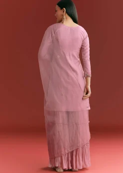 Light Pink Organza Kurta Sharara Suit With Embroidery