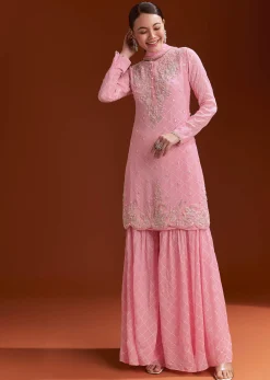 Light Pink Printed Chinon Sharara Set With Cut Dana And Sequins