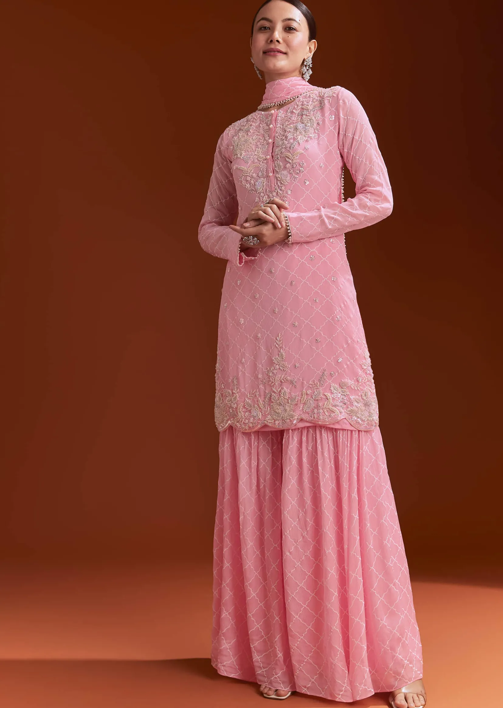 Light Pink Printed Chinon Sharara Set With Cut Dana And Sequins