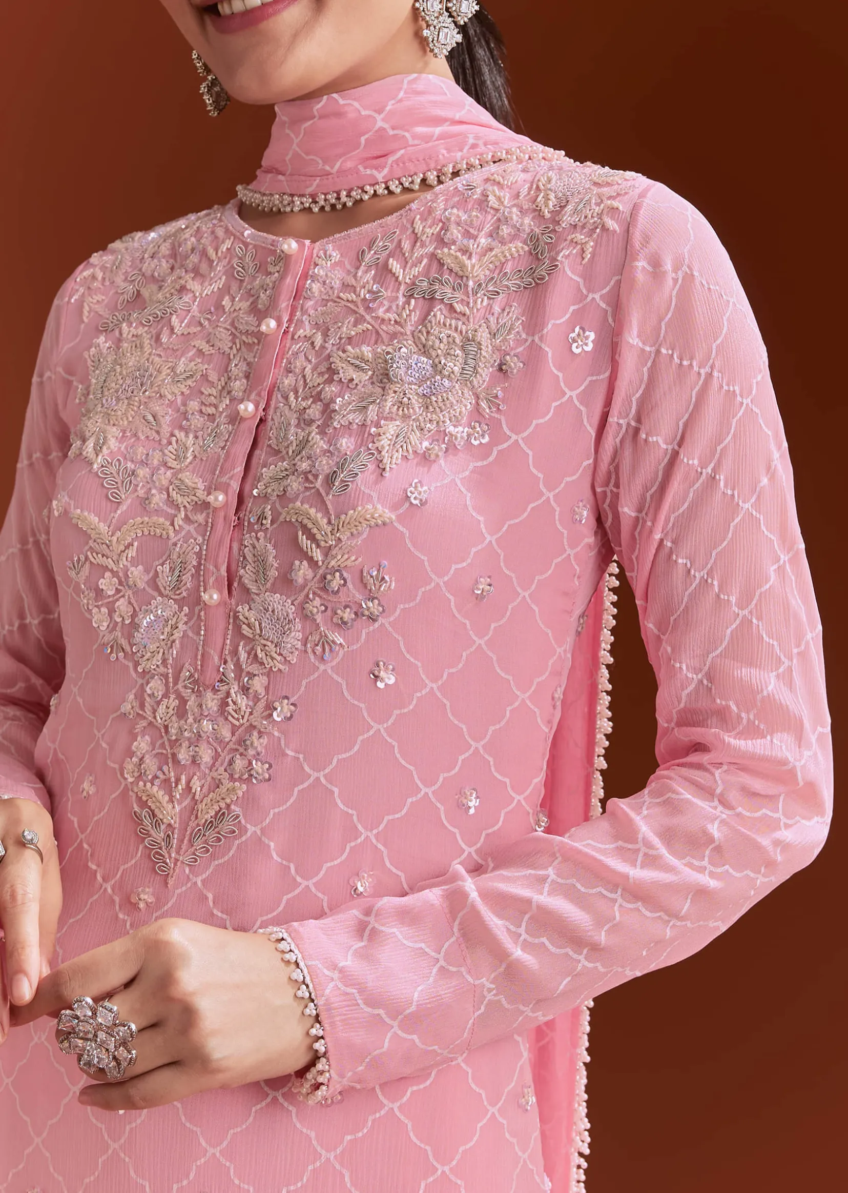 Light Pink Printed Chinon Sharara Set With Cut Dana And Sequins