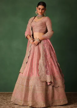 Light Pink Raw Silk Hand Embroidered Lehenga Set