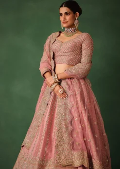 Light Pink Raw Silk Hand Embroidered Lehenga Set