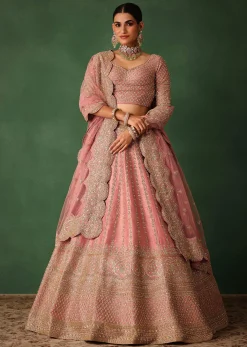 Light Pink Raw Silk Hand Embroidered Lehenga Set
