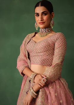 Light Pink Raw Silk Hand Embroidered Lehenga Set