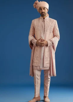 Light Pink Raw Silk Sherwani Set With Hand Work In Chanderi And Dola Silk