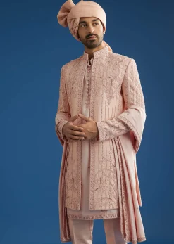 Light Pink Raw Silk Sherwani Set With Hand Work In Chanderi And Dola Silk