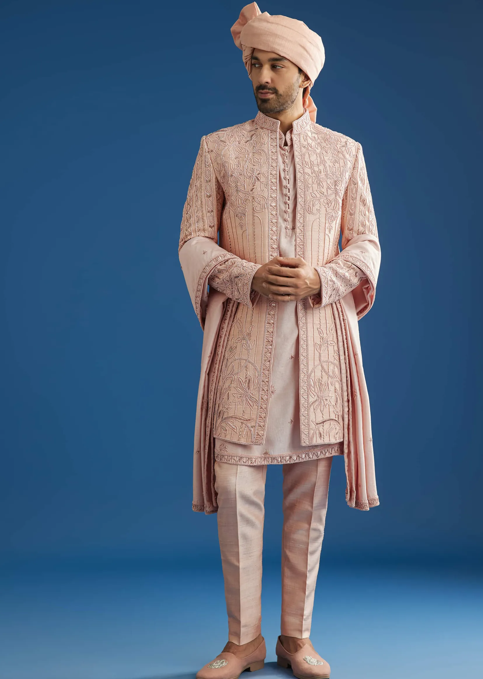 Light Pink Raw Silk Sherwani Set With Hand Work In Chanderi And Dola Silk