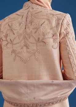 Light Pink Raw Silk Sherwani Set With Hand Work In Chanderi And Dola Silk