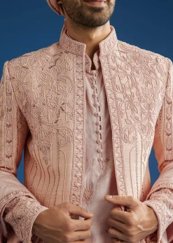 Light Pink Raw Silk Sherwani Set With Hand Work In Chanderi And Dola Silk