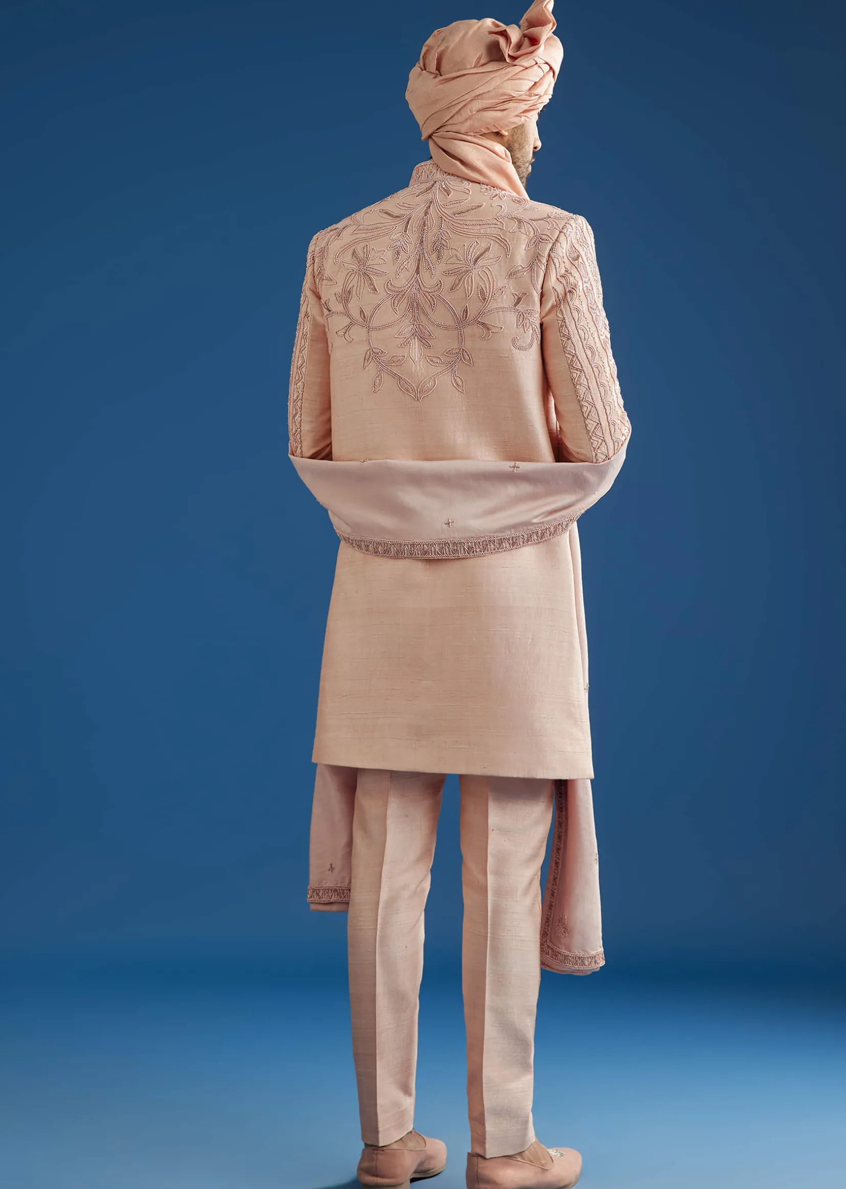 Light Pink Raw Silk Sherwani Set With Hand Work In Chanderi And Dola Silk
