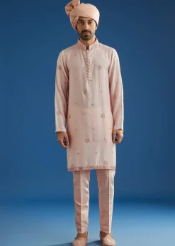 Light Pink Raw Silk Sherwani Set With Hand Work In Chanderi And Dola Silk