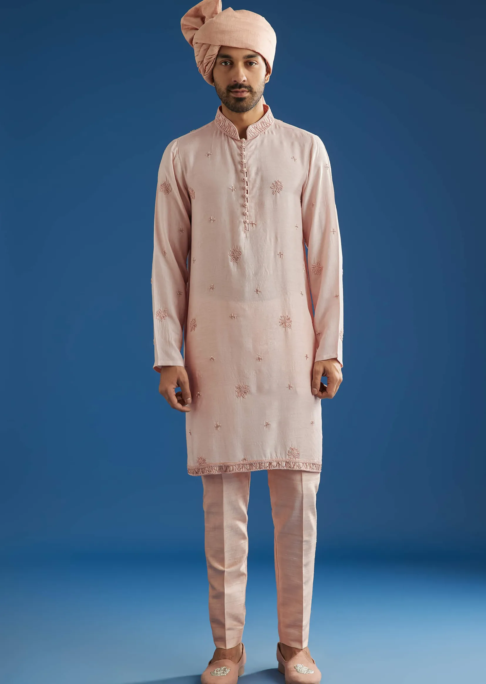 Light Pink Raw Silk Sherwani Set With Hand Work In Chanderi And Dola Silk