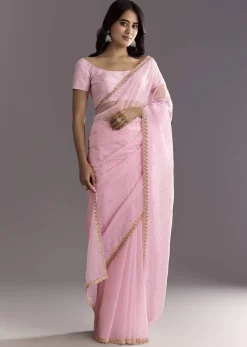 Light Pink Tissue Embroidered Saree With Cutwork Scallop Border