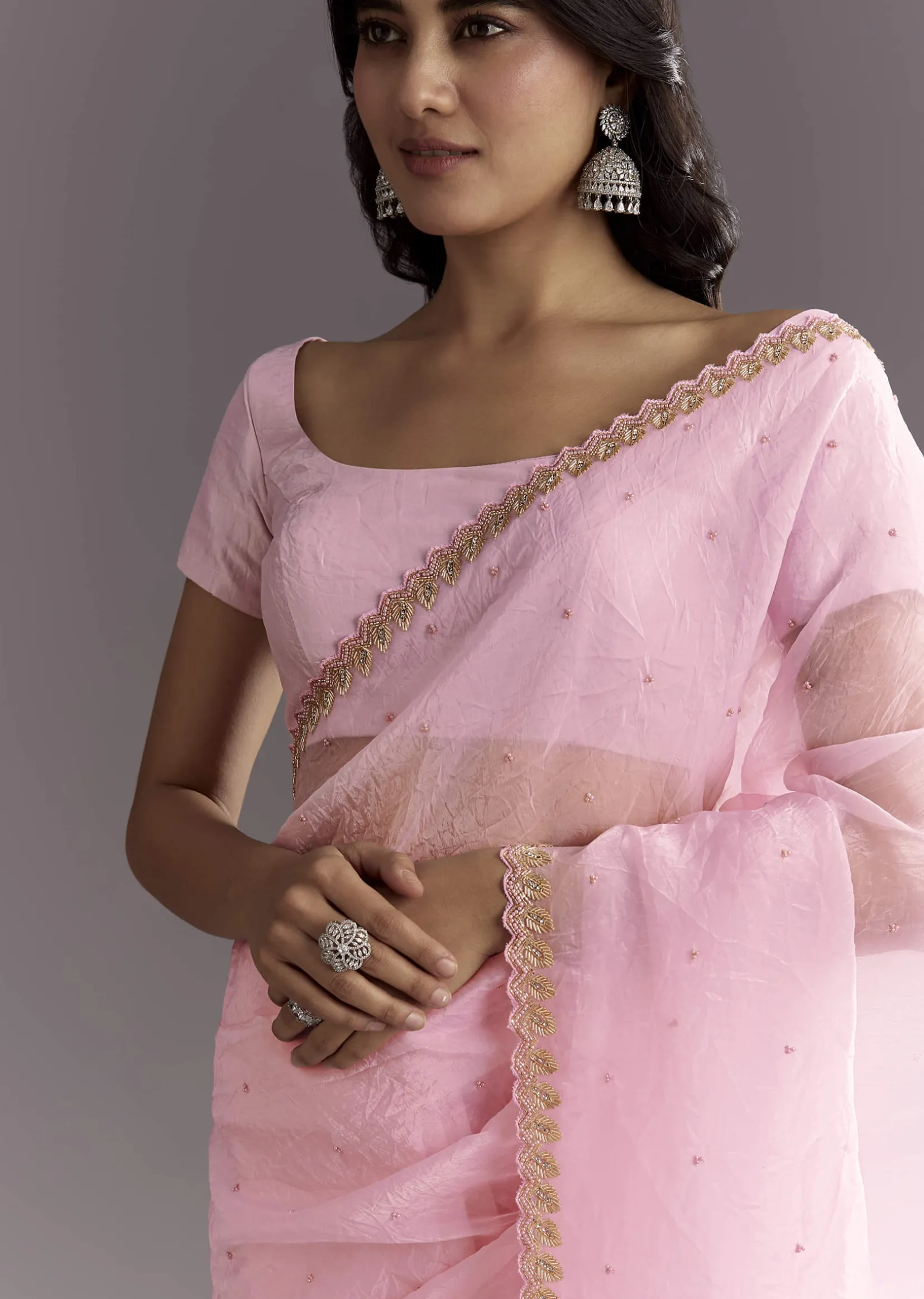 Light Pink Tissue Embroidered Saree With Cutwork Scallop Border