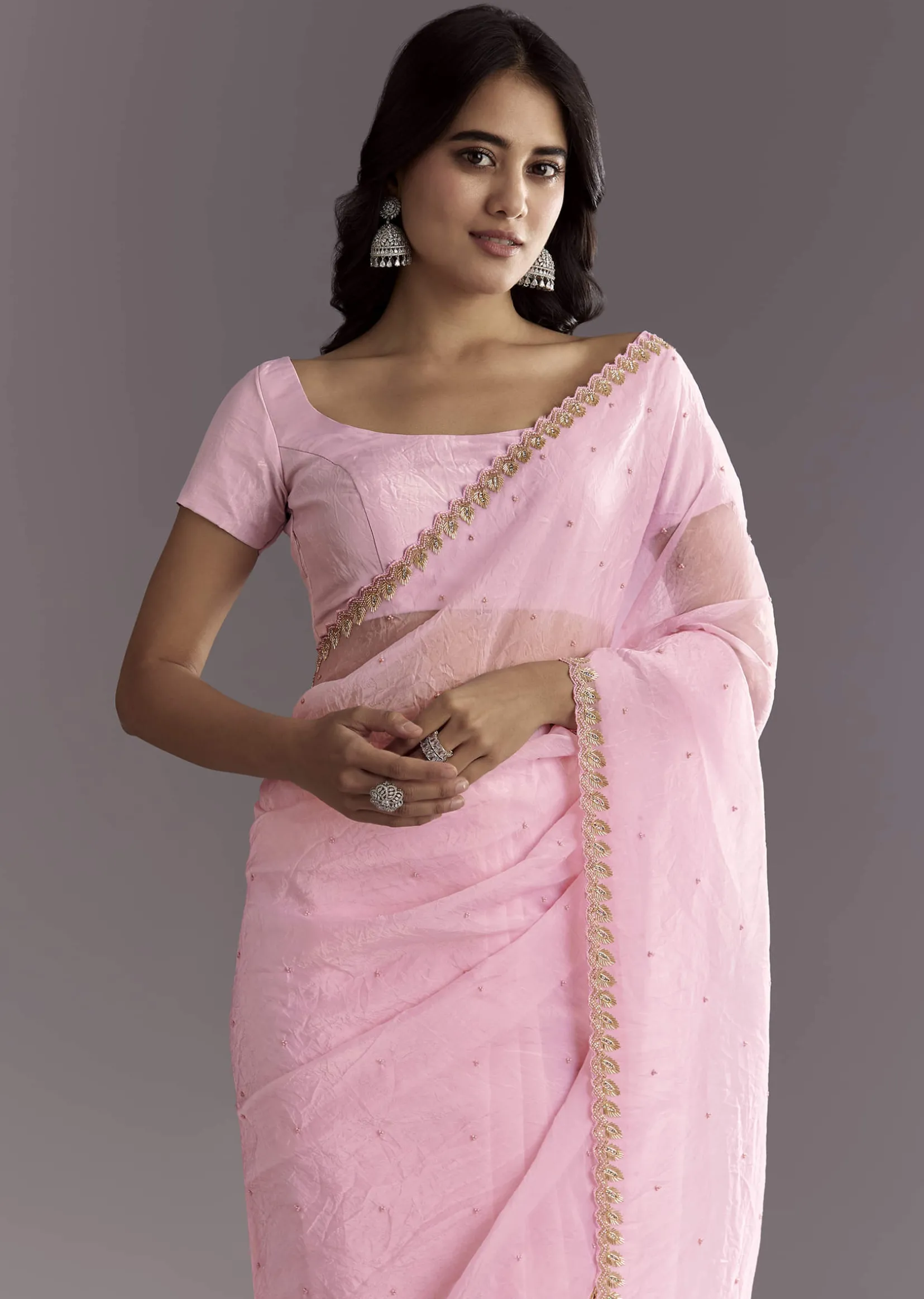 Light Pink Tissue Embroidered Saree With Cutwork Scallop Border