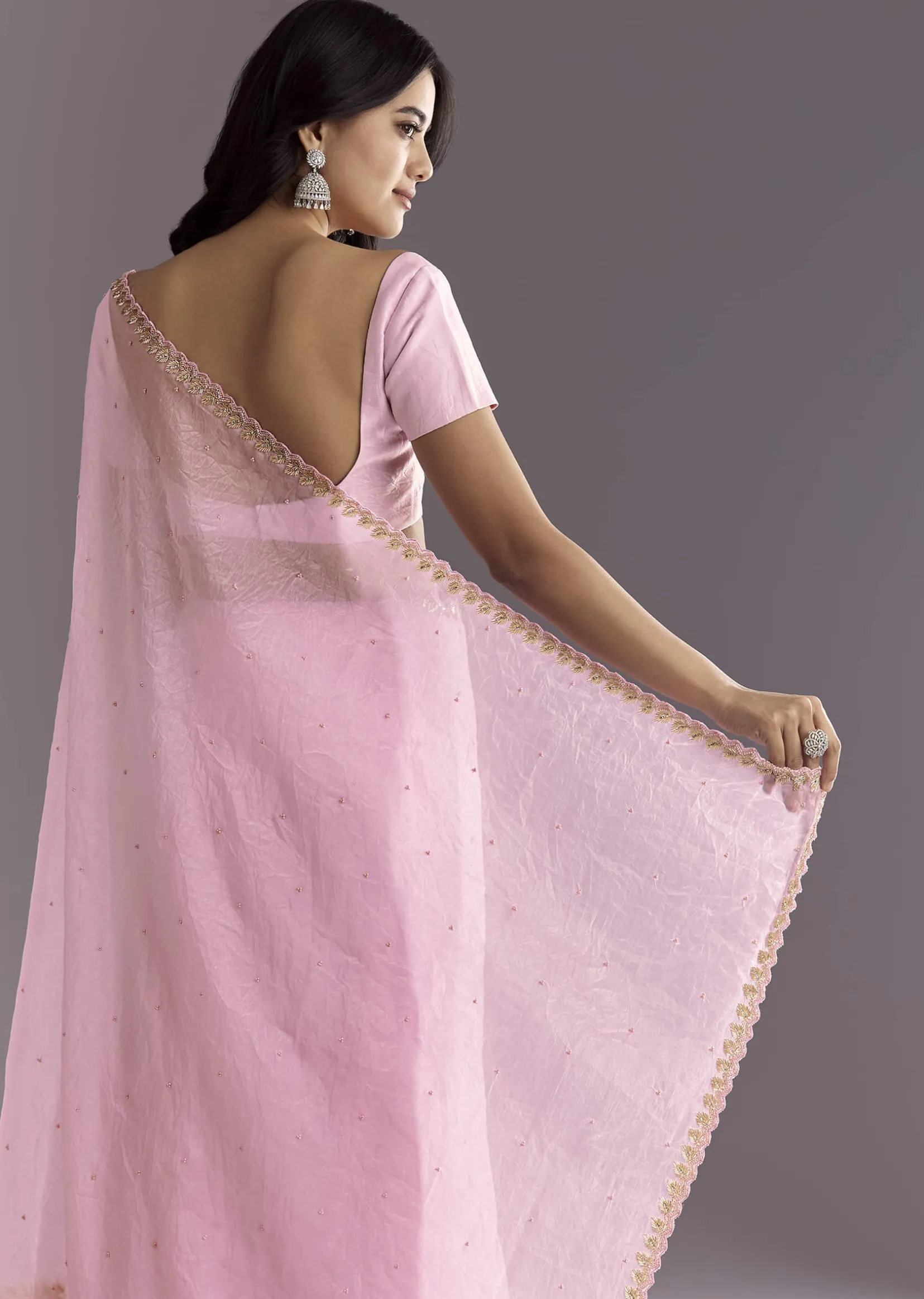Light Pink Tissue Embroidered Saree With Cutwork Scallop Border