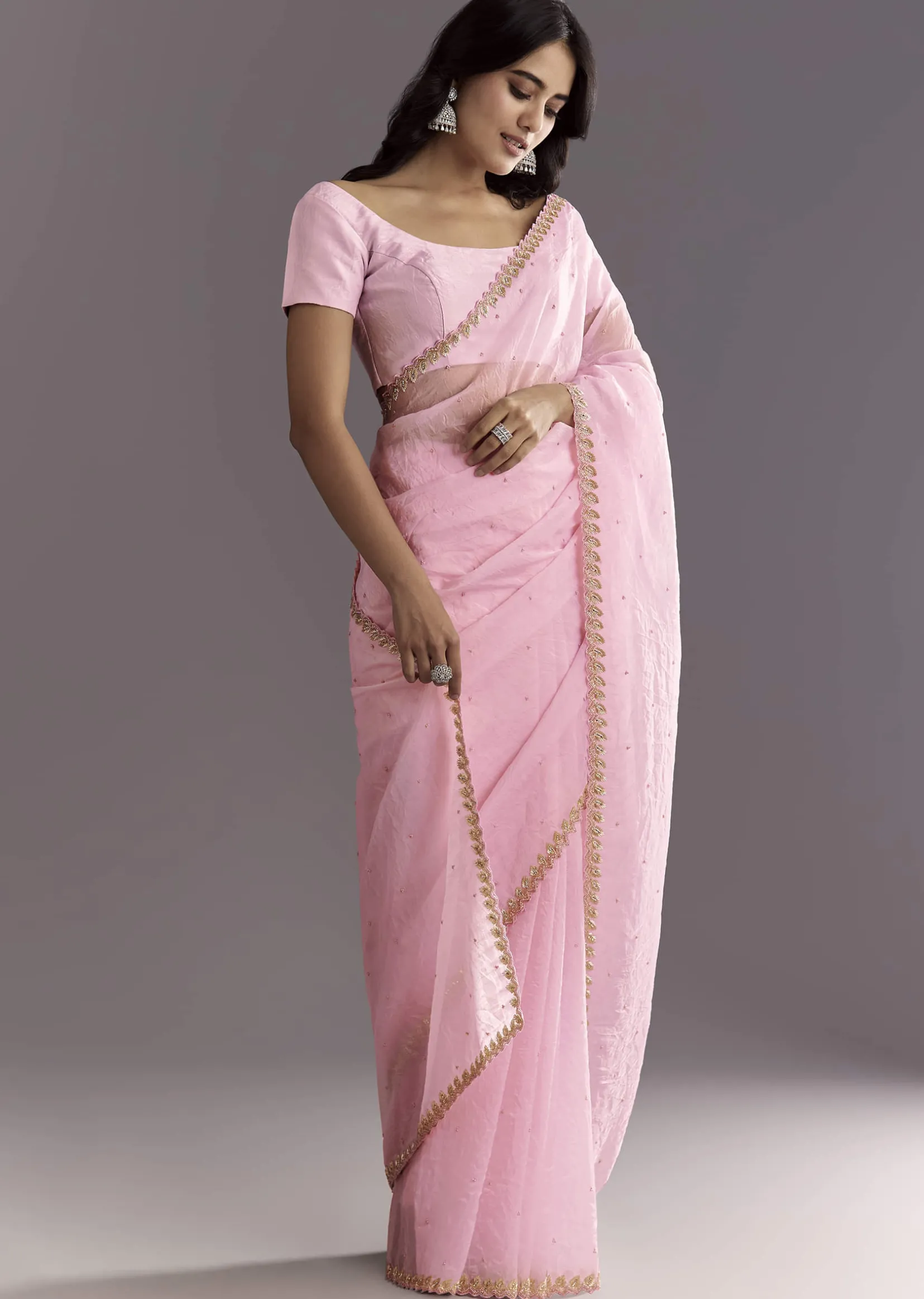 Light Pink Tissue Embroidered Saree With Cutwork Scallop Border