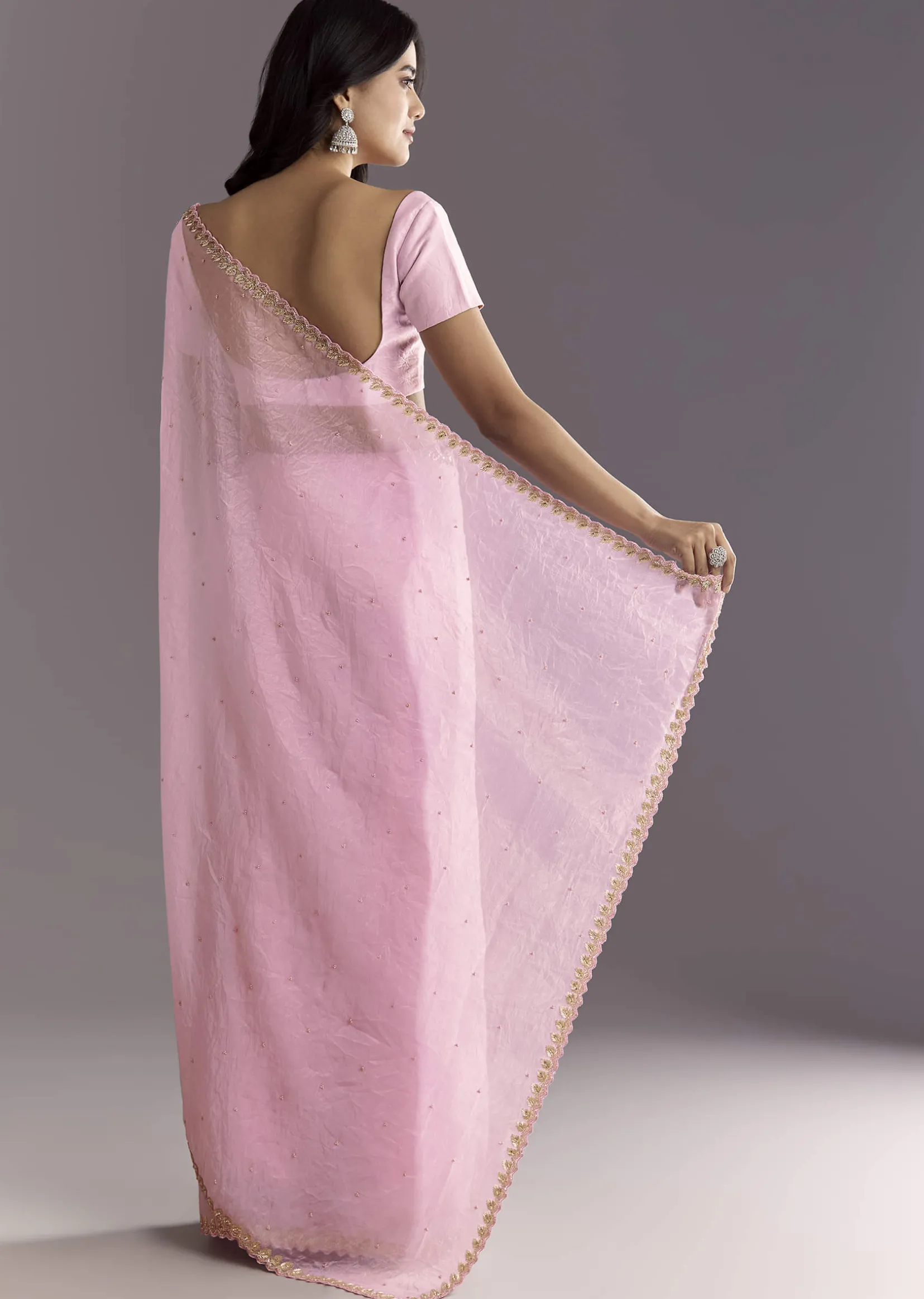 Light Pink Tissue Embroidered Saree With Cutwork Scallop Border