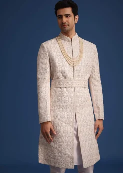 Light Pink Zari Work Silk Sherwani Set With Dupatta