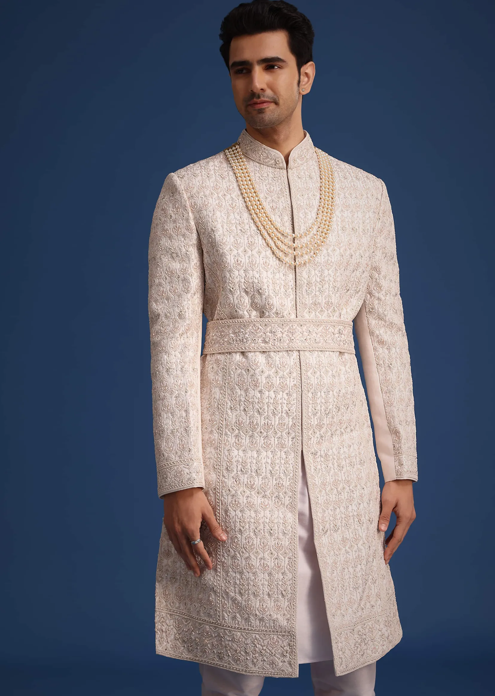 Light Pink Zari Work Silk Sherwani Set With Dupatta