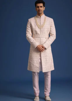 Light Pink Zari Work Silk Sherwani Set With Dupatta