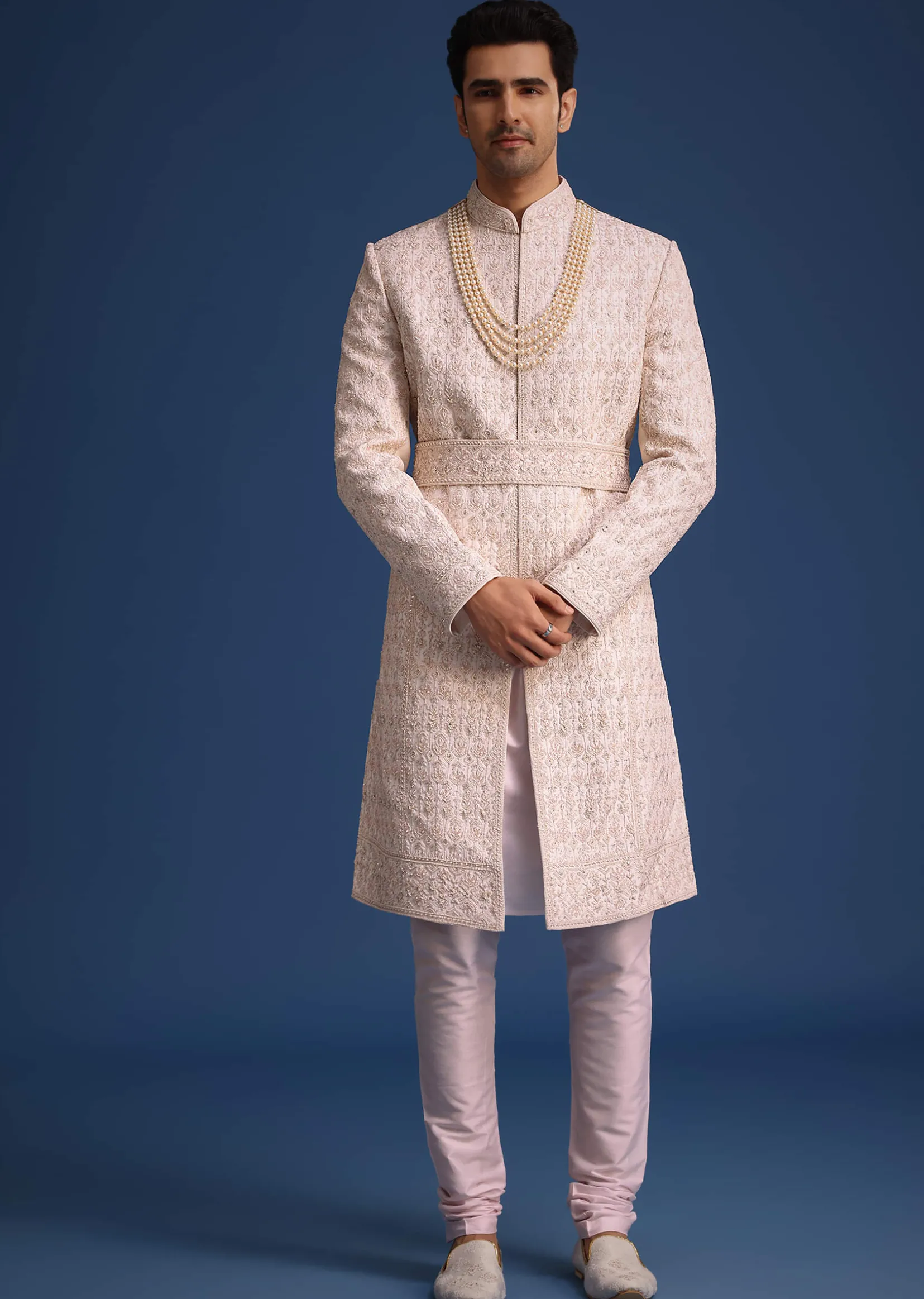Light Pink Zari Work Silk Sherwani Set With Dupatta
