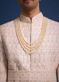Light Pink Zari Work Silk Sherwani Set With Dupatta