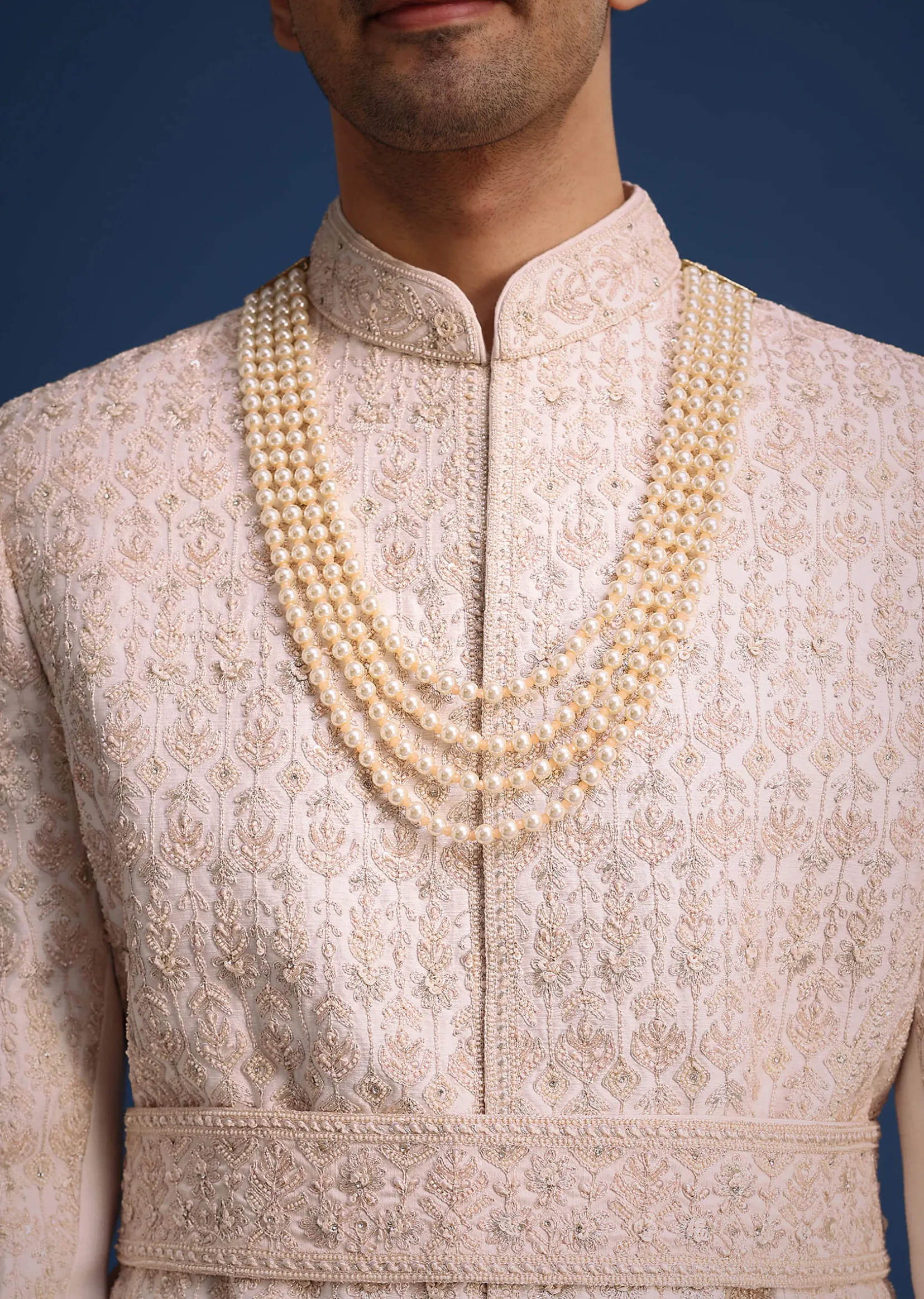 Light Pink Zari Work Silk Sherwani Set With Dupatta