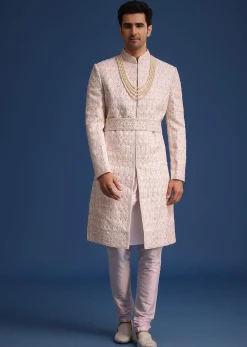 Light Pink Zari Work Silk Sherwani Set With Dupatta
