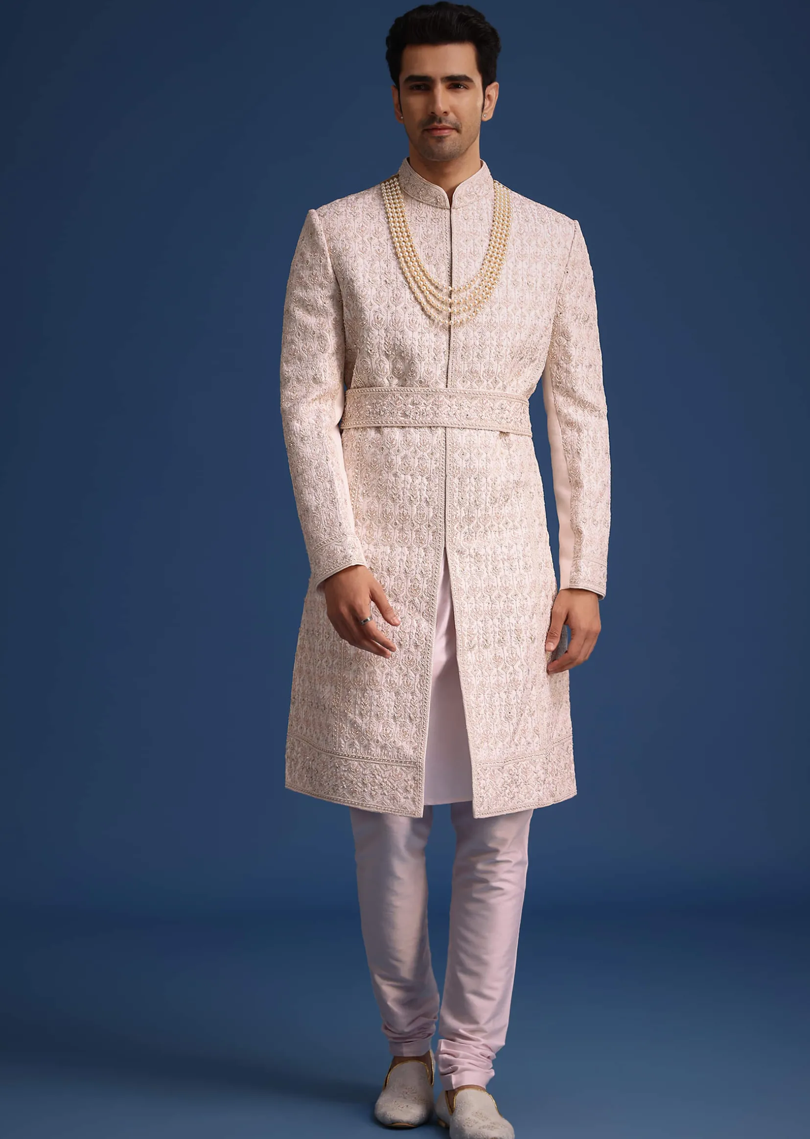 Light Pink Zari Work Silk Sherwani Set With Dupatta