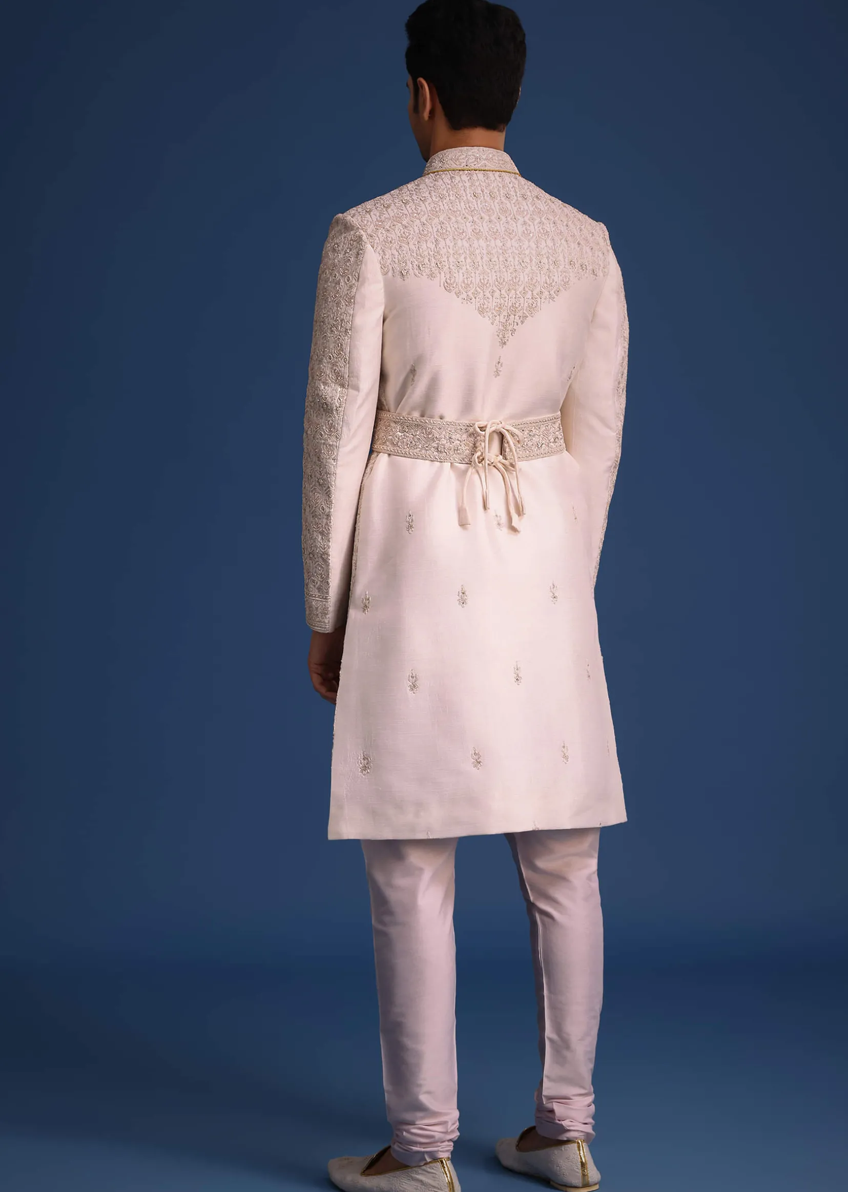 Light Pink Zari Work Silk Sherwani Set With Dupatta